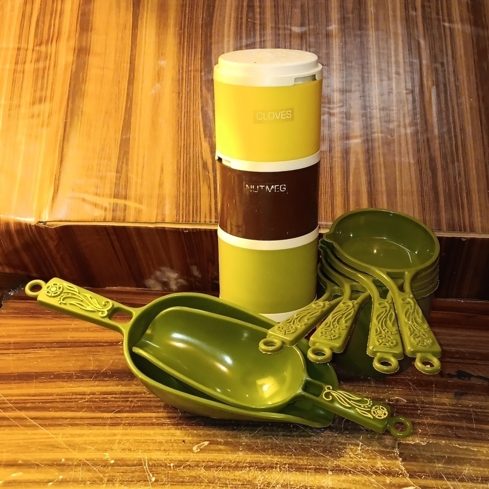 Vintage 1970s retro kitchen tools olive green orange yellow